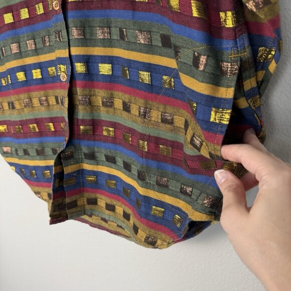 Vintage Striped Metallic Button Down Shirt Womens Size Medium Western Boho Hippy - Picture 4 of 9